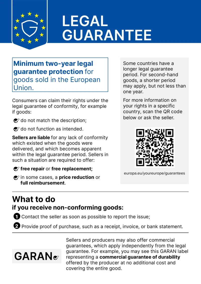 EU legal guarantee notice. The full text follows below the image.